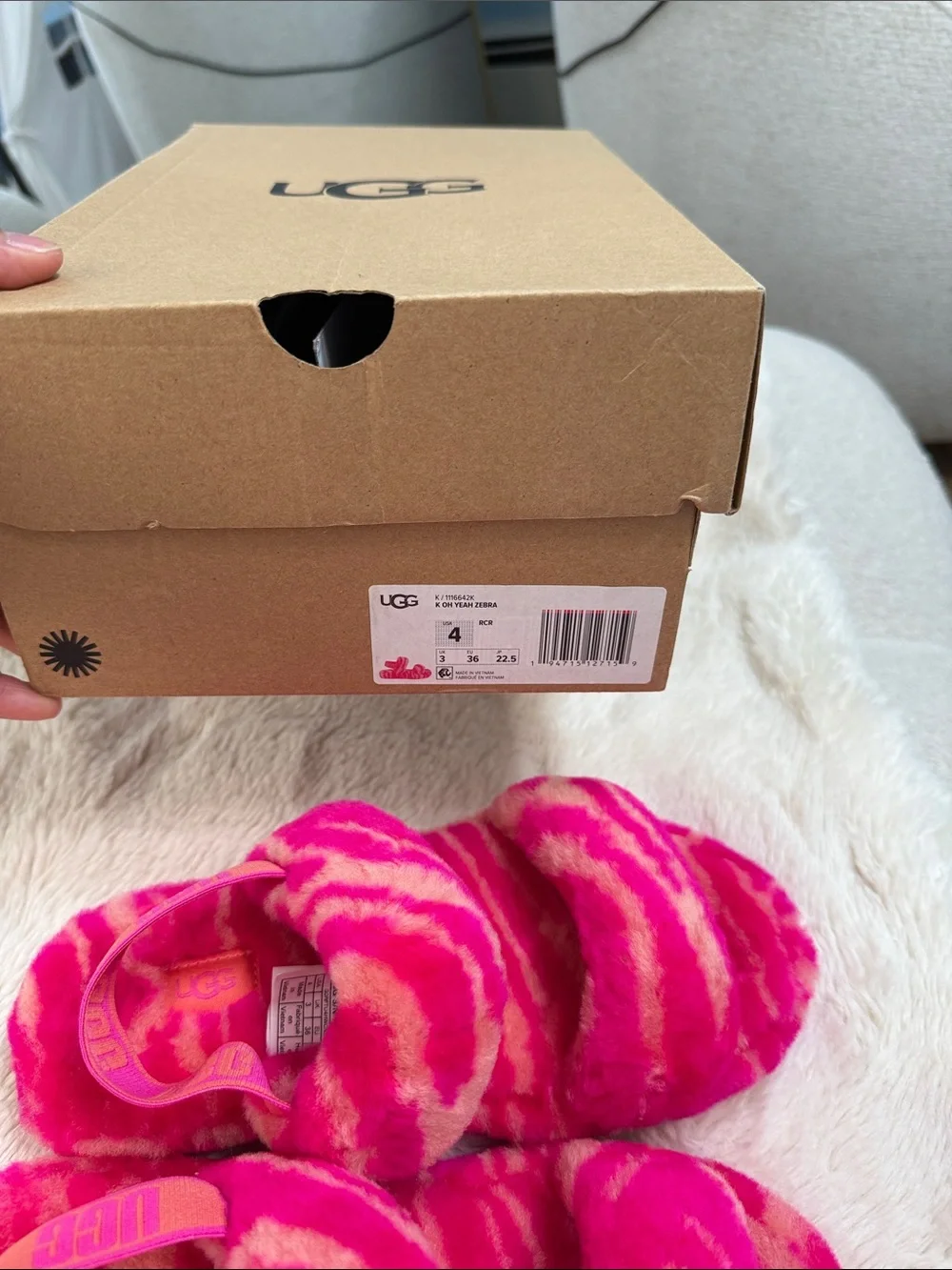 UGG Kids Hot Pink and Cream Zebra Faux-Fur Slide Sandals